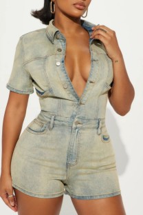 Light Color Casual Daily Solid Color Buttons Turndown Collar Short Sleeve Regular Denim Romper