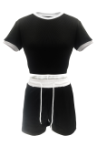 Black Casual Draw String Contrast O Neck Short Sleeve Two Pieces