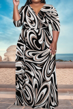 Black Coffee Casual Striped Print With Belt Contrast V Neck Printed Plus Size Dresses