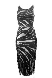 Coffee Casual Print Tassel O Neck Sleeveless Two Pieces