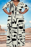 Black Coffee Casual Striped Print With Belt Contrast V Neck Printed Plus Size Dresses