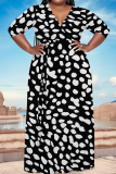 Black Coffee Casual Striped Print With Belt Contrast V Neck Printed Plus Size Dresses
