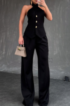 Black Casual Solid Color Buckle Sleeveless Two Pieces