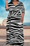 Black Coffee Casual Striped Print With Belt Contrast V Neck Printed Plus Size Dresses