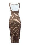 Coffee Casual Print Tassel O Neck Sleeveless Two Pieces
