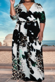 Black Coffee Casual Striped Print With Belt Contrast V Neck Printed Plus Size Dresses