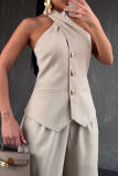 Khaki Casual Solid Color Buckle Sleeveless Two Pieces