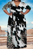 Black Coffee Casual Striped Print With Belt Contrast V Neck Printed Plus Size Dresses