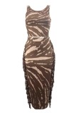 Coffee Casual Print Tassel O Neck Sleeveless Two Pieces
