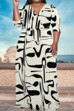 Black Coffee Casual Striped Print With Belt Contrast V Neck Printed Plus Size Dresses