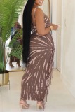 Coffee Casual Print Tassel O Neck Sleeveless Two Pieces
