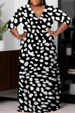 Black Coffee Casual Striped Print With Belt Contrast V Neck Printed Plus Size Dresses