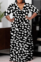 Black Casual Striped Print With Belt Contrast V Neck Printed Plus Size Dresses