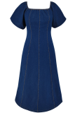 Deep Blue Sexy Solid Color Zipper Square Neck Short Sleeve Boot Cut Denim Dresses