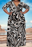 Black Coffee Casual Striped Print With Belt Contrast V Neck Printed Plus Size Dresses