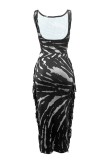 Coffee Casual Print Tassel O Neck Sleeveless Two Pieces