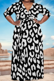 Black Coffee Casual Striped Print With Belt Contrast V Neck Printed Plus Size Dresses