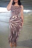Coffee Casual Print Tassel O Neck Sleeveless Two Pieces