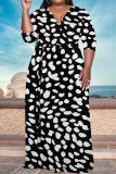 Black Coffee Casual Striped Print With Belt Contrast V Neck Printed Plus Size Dresses