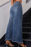 Blue Casual Solid Color Pocket Patchwork Straight Mid Waist Patchwork Bottoms