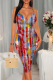 Red Sexy Print Patchwork Spaghetti Strap Wrapped Skirt Dresses