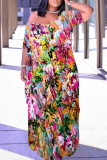 Yellow Purple Casual Print Pocket Slit V Neck Long Dresses