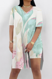 White Casual Print Slit V Neck Short Sleeve Two Pieces