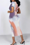 Coffee Casual Print Contrast O Neck Wrapped Skirt Dresses