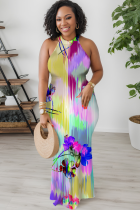 Colour Sexy Print Hollow Out O Neck Long Dresses