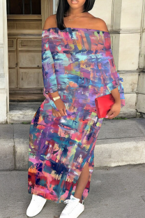 Light Purple Casual Print Slit Off Shoulder Long Dresses