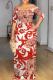 Red Casual Print Patchwork Off Shoulder Long Dresses