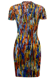 Blue Yellow Red Sexy Print Slit O Neck Irregular Dresses