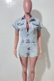 Blue Casual Solid Color Pocket Buckle Turndown Collar Regular Rompers