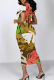 Coffee Casual Print Contrast O Neck Wrapped Skirt Dresses