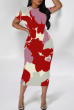 Coffee Casual Print Contrast O Neck Wrapped Skirt Dresses