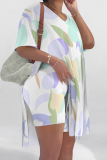 White Casual Print Slit V Neck Short Sleeve Two Pieces