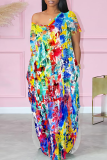 Yellow Purple Casual Print Pocket Slit V Neck Long Dresses
