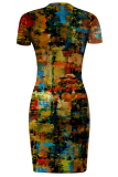 Blue Yellow Red Sexy Print Slit O Neck Irregular Dresses
