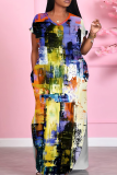 Yellow Purple Casual Print Pocket Slit V Neck Long Dresses
