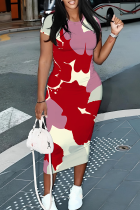 Red Casual Print Contrast O Neck Wrapped Skirt Dresses