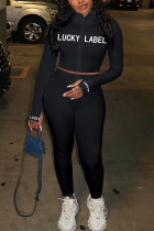 Black Fashion Sexy adult Ma'am Letter Solid Two Piece Suits pencil Long Sleeve Two Pieces