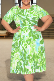 Multicolor Casual Print Patchwork O Neck Long Plus Size Dresses