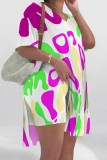 White Casual Print Slit V Neck Short Sleeve Two Pieces