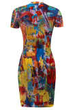 Blue Yellow Red Sexy Print Slit O Neck Irregular Dresses