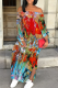 Red Blue Casual Print Slit Off Shoulder Long Dresses