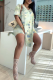 Light Green Casual Print Slit V Neck Short Sleeve Two Pieces