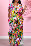 Yellow Purple Casual Print Pocket Slit V Neck Long Dresses