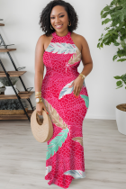 Rose Red Sexy Print Hollow Out O Neck Long Dresses