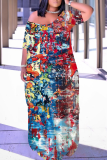 Yellow Purple Casual Print Pocket Slit V Neck Long Dresses