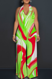 Baby Blue Casual Print Backless Halter Loose Jumpsuits